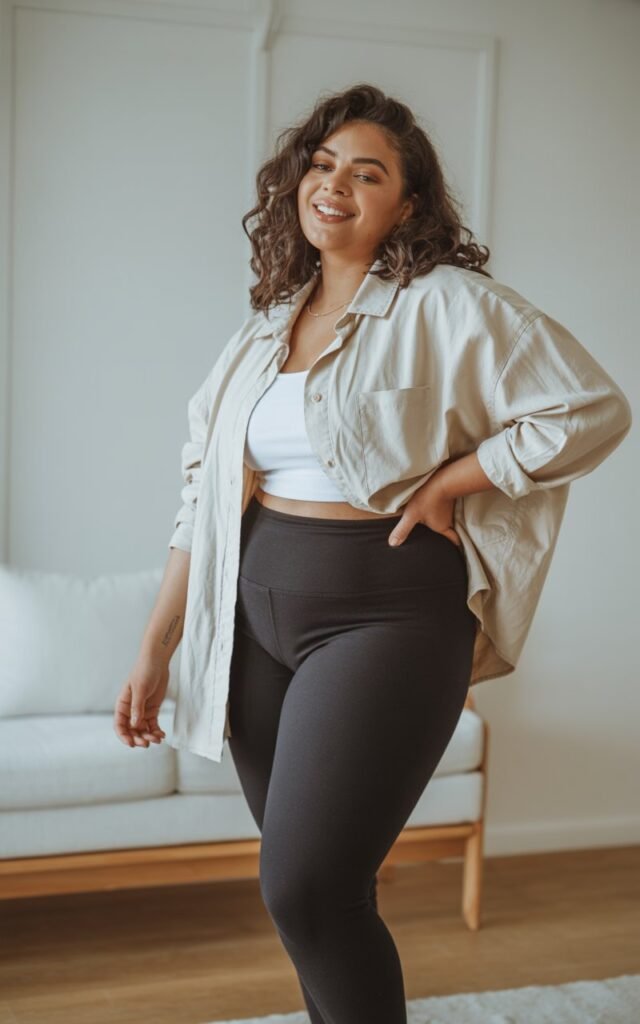 "A natural-looking young curvy woman wearing high-waisted leggings with an oversized button-up. Theme: curvy outfits."