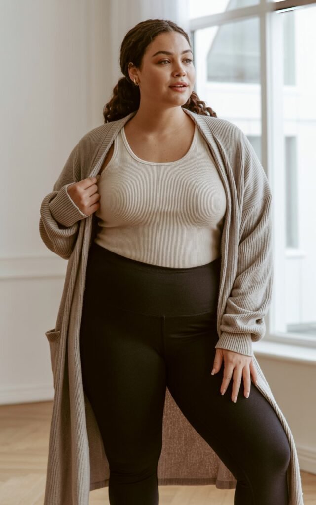 "A natural-looking young curvy woman wearing a longline cardigan over a tank and leggings. Theme: curvy outfits."
