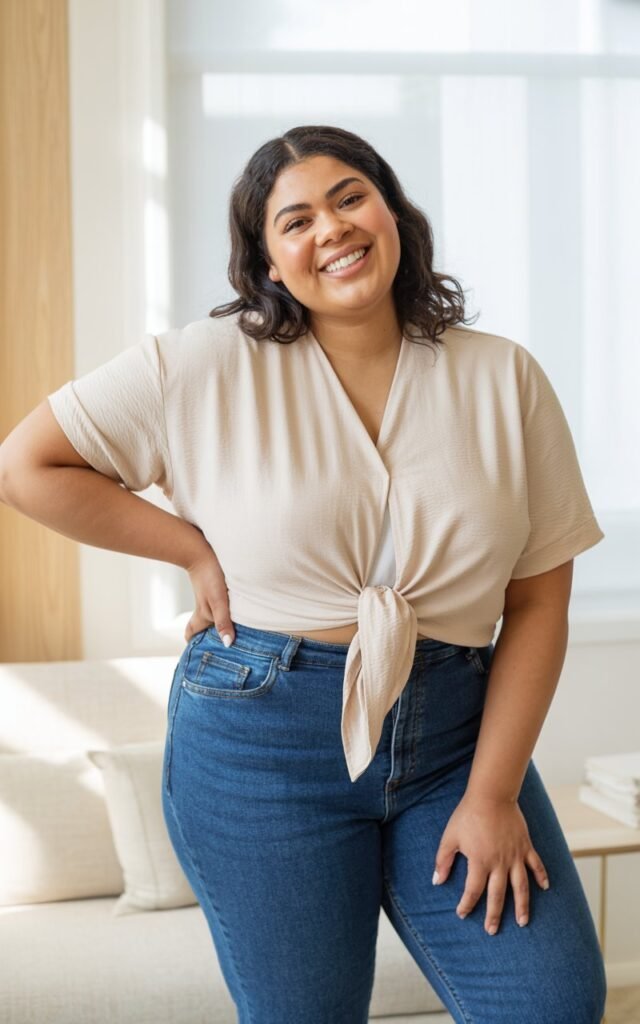 "A natural-looking young curvy woman wearing a tie-front blouse with slim-fit denim. Theme: curvy outfits."