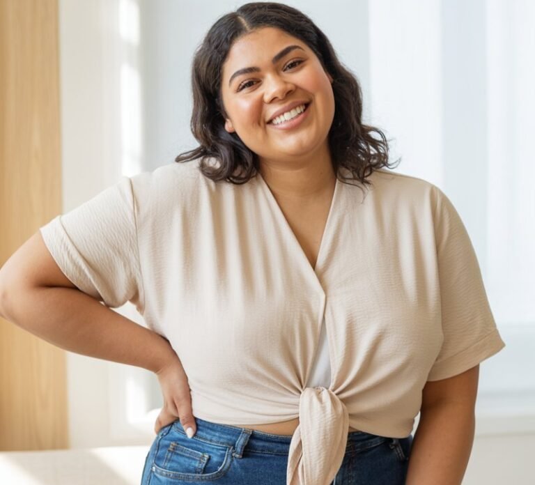 "A natural-looking young curvy woman wearing a tie-front blouse with slim-fit denim. Theme: curvy outfits."