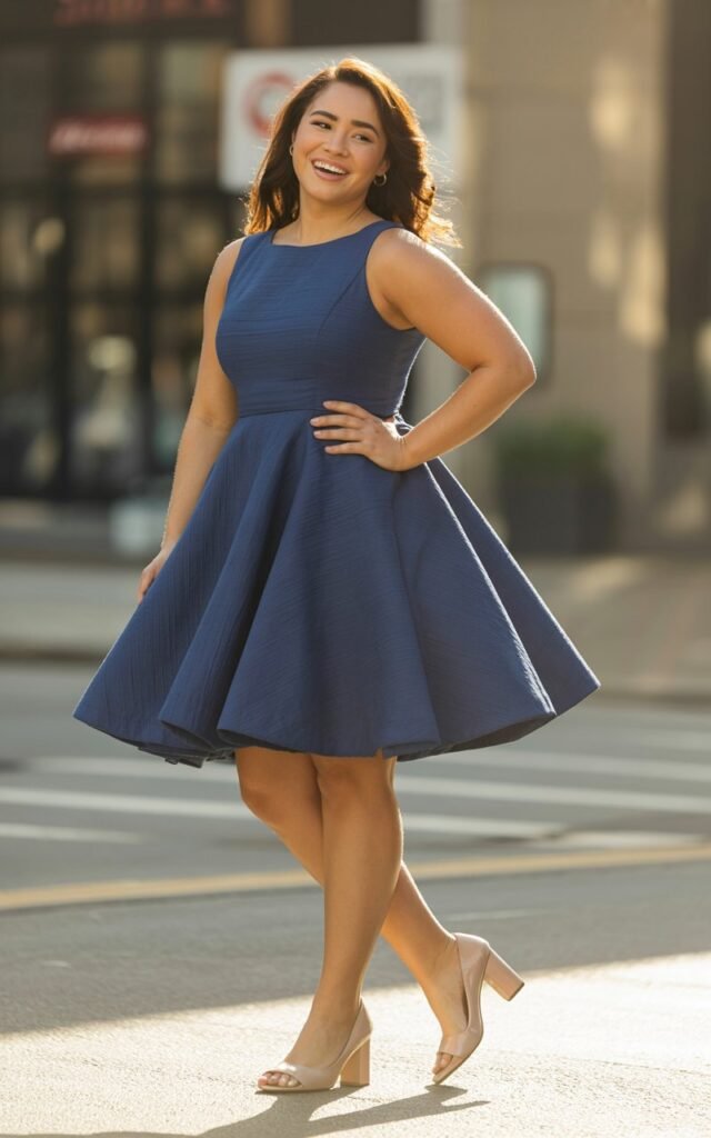 "A natural-looking young woman wearing a fit-and-flare dress. Theme: curvy outfits."