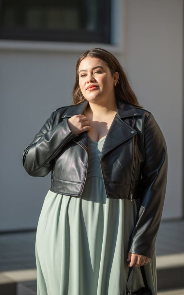 "A natural-looking young curvy woman wearing a cropped moto jacket over a flowy dress. Theme: curvy outfits."