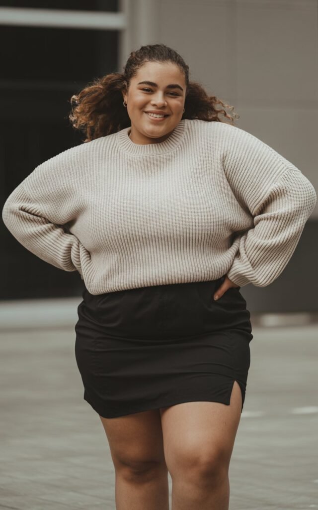 "A natural-looking young curvy woman wearing a chunky knit sweater with a mini skirt. Theme: curvy outfits."