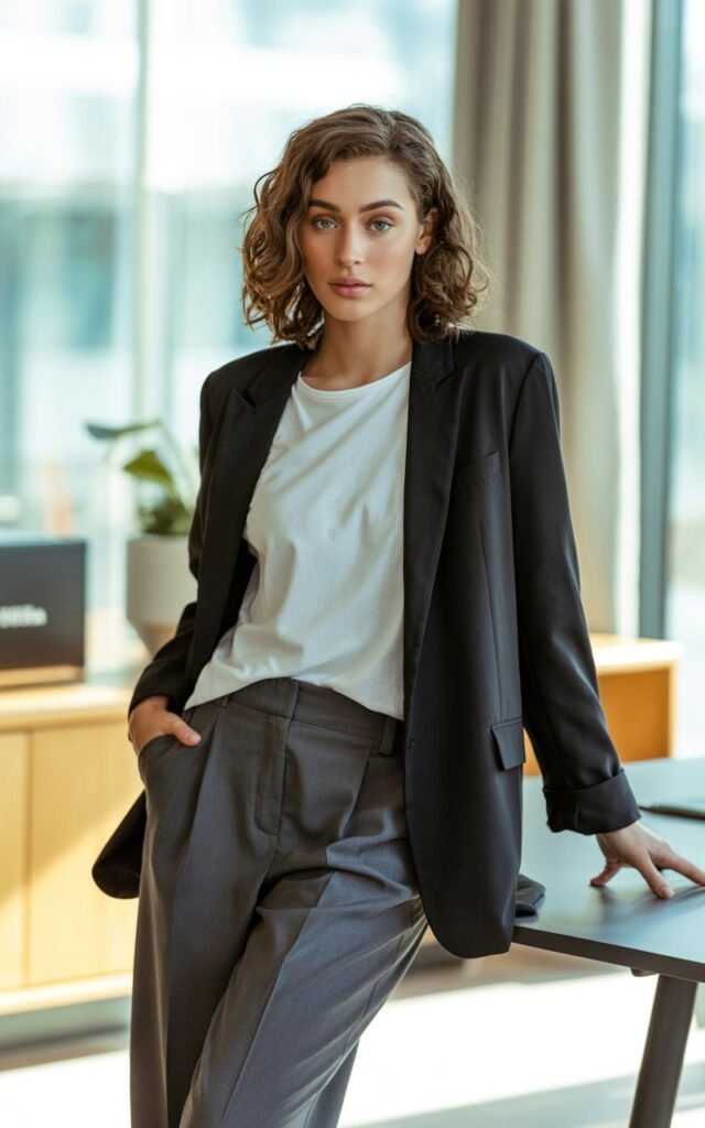 A natural-looking young woman wearing a basic black blazer styled with a plain tee and ankle-length pants. Theme casual work outfits
