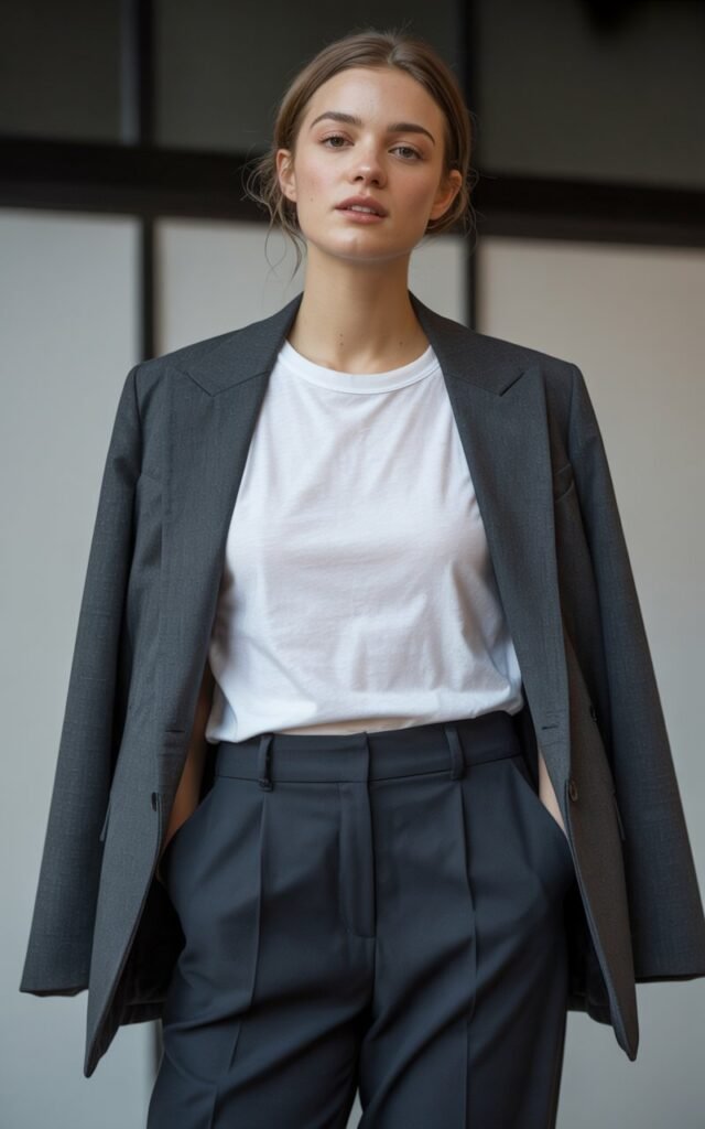 A natural-looking young woman wearing a basic tee elevated with a structured blazer and tailored pants. Theme casual work outfits