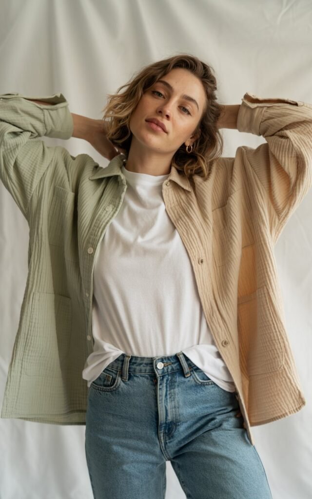 A natural-looking young woman wearing a basic white tee layered under a lightweight shacket with jeans. Theme chill outfits