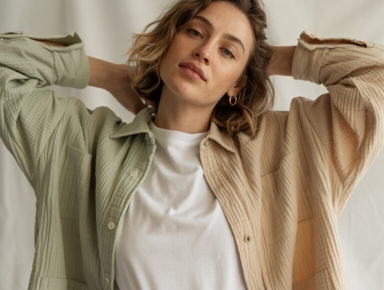 A natural-looking young woman wearing a basic white tee layered under a lightweight shacket with jeans. Theme chill outfits