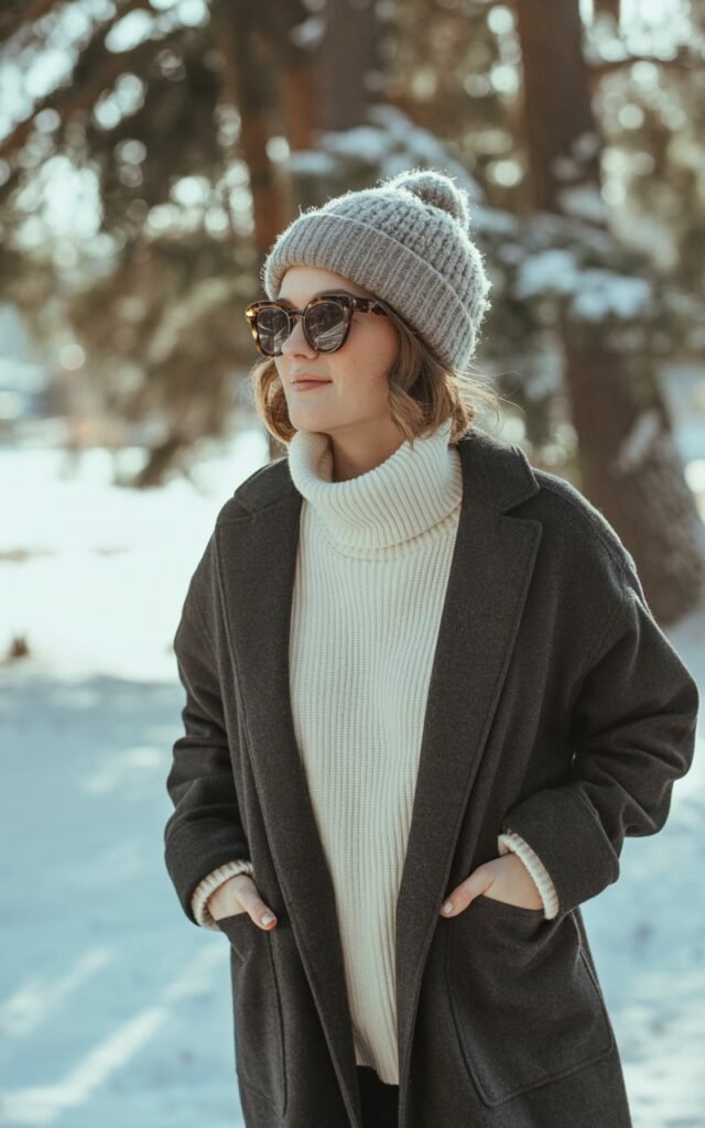 A natural-looking young woman wearing a beanie and oversized sunglasses paired with a stylish winter outfit. Theme winter outfits aesthetic