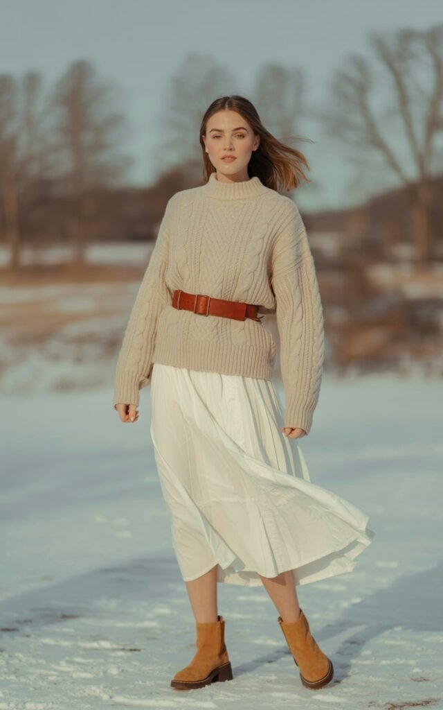 A natural-looking young woman wearing a belted sweater layered over a white skirt with ankle boots. Theme white skirt outfit winter