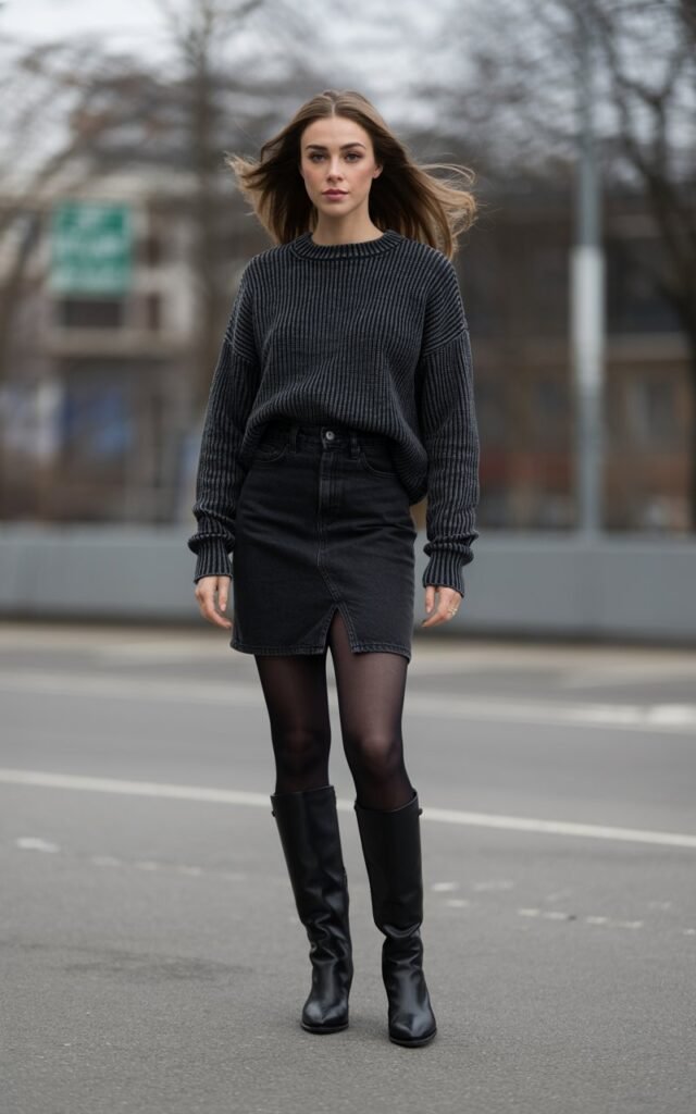 A natural-looking young woman wearing a black jean skirt styled with dark winter layers and boots. Theme jean skirt outfits winter