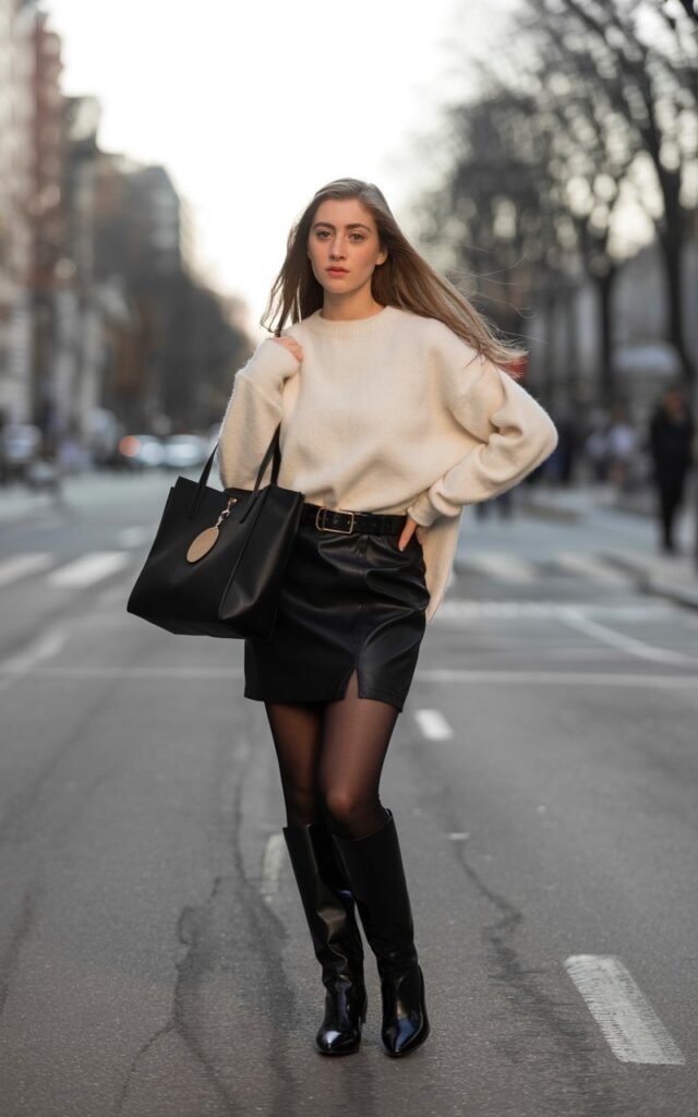 A natural-looking young woman wearing a black mini skirt elevated with structured accessories like a tote bag or belt. Theme black mini skirt outfit winter