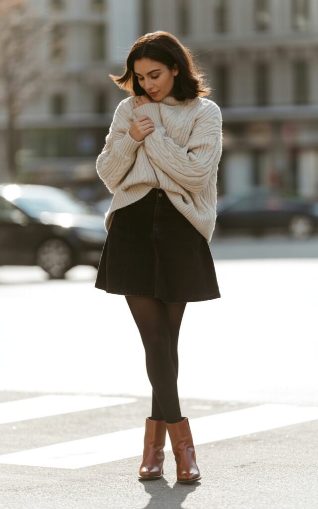 A natural-looking young woman wearing a black mini skirt paired with a chunky knit sweater and opaque tights. Theme black mini skirt outfit winter