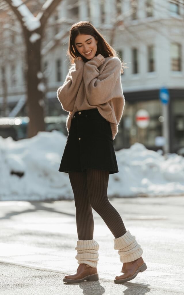 A natural-looking young woman wearing a black mini skirt paired with ankle boots and visible socks for a casual look. Theme black mini skirt outfit winter