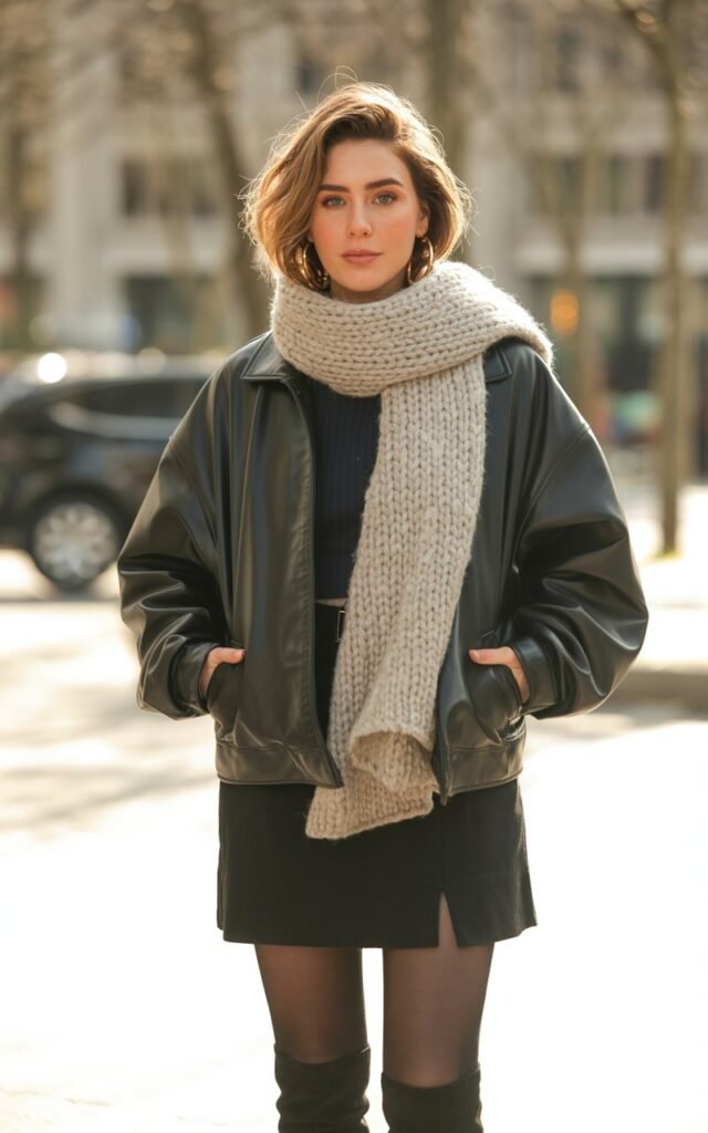 A natural-looking young woman wearing a black mini skirt styled with a leather or faux-leather jacket for winter. Theme black mini skirt outfit winter
