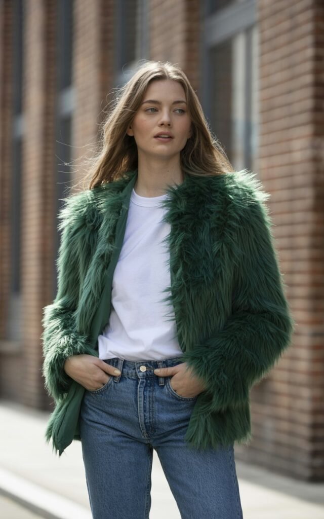 A natural-looking young woman wearing a bold-color faux fur coat paired with classic denim and a white t-shirt. Theme faux fur coat outfit
