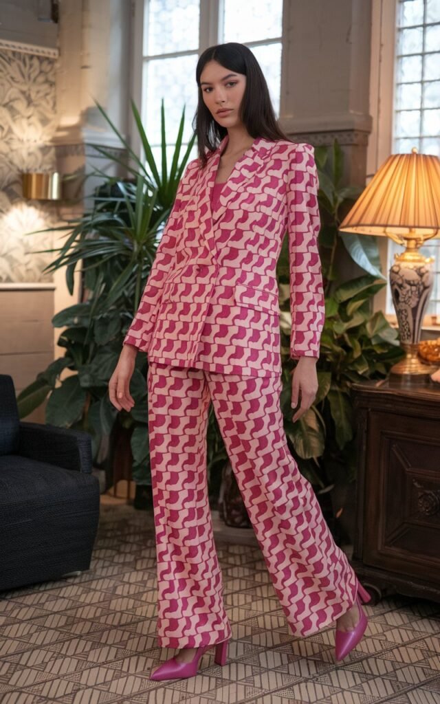 A natural-looking young woman wearing a bold printed power suit. Theme 80s outfits
