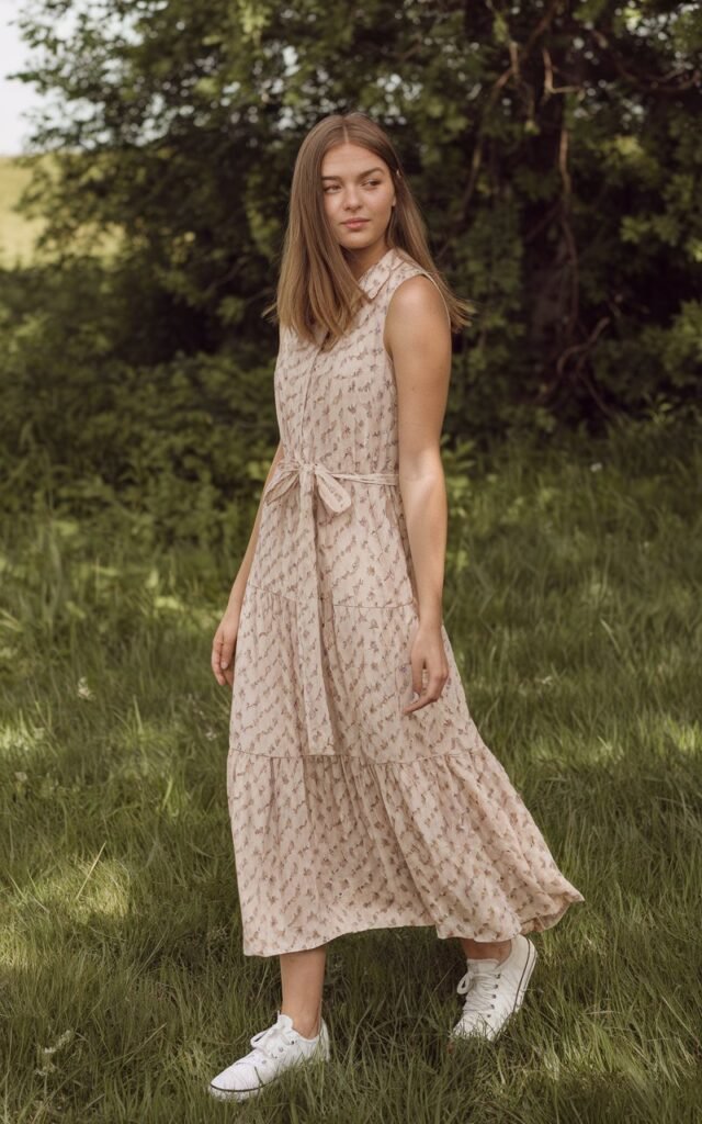 A natural-looking young woman wearing a breezy outfit grounded with classic white sneakers. Theme stylish outfits