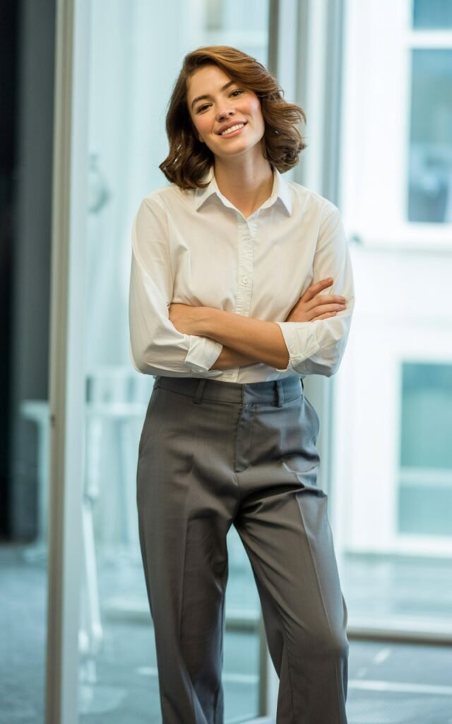 A natural-looking young woman wearing a button-down shirt with rolled-up sleeves styled with straight-leg pants. Theme casual work outfits