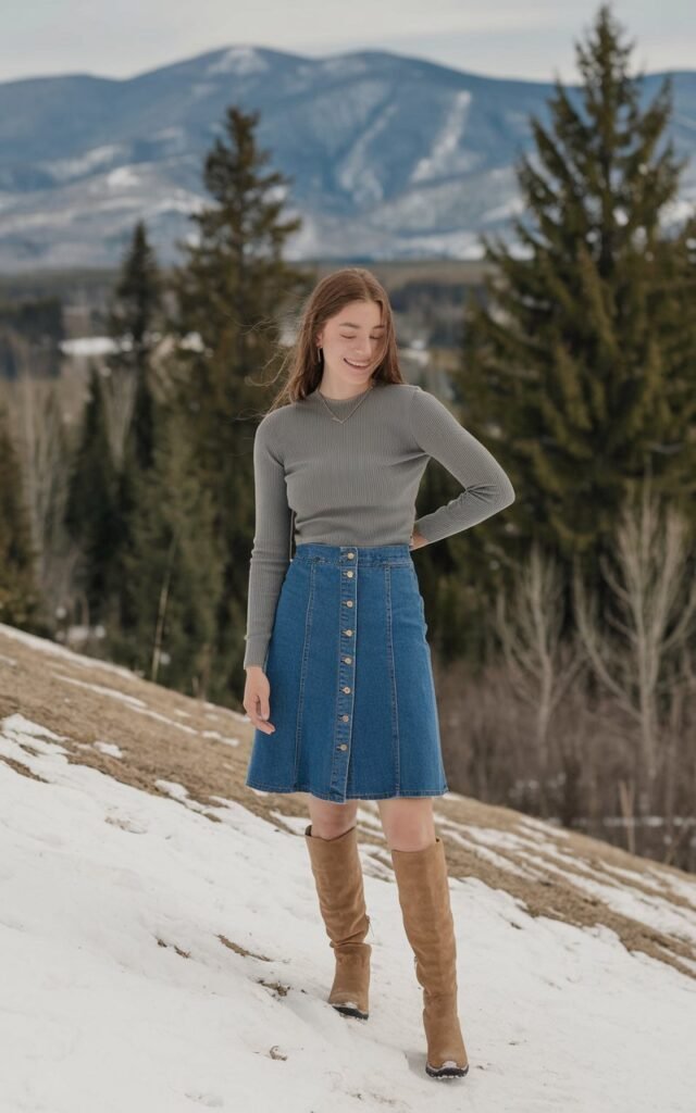 A natural-looking young woman wearing a button-front denim skirt paired with knee-high boots and a fitted sweater. Theme jean skirt outfits winter