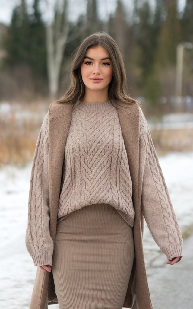 A natural-looking young woman wearing a cable-knit sweater paired with a flowing midi skirt and boots. Theme winter outfits aesthetic