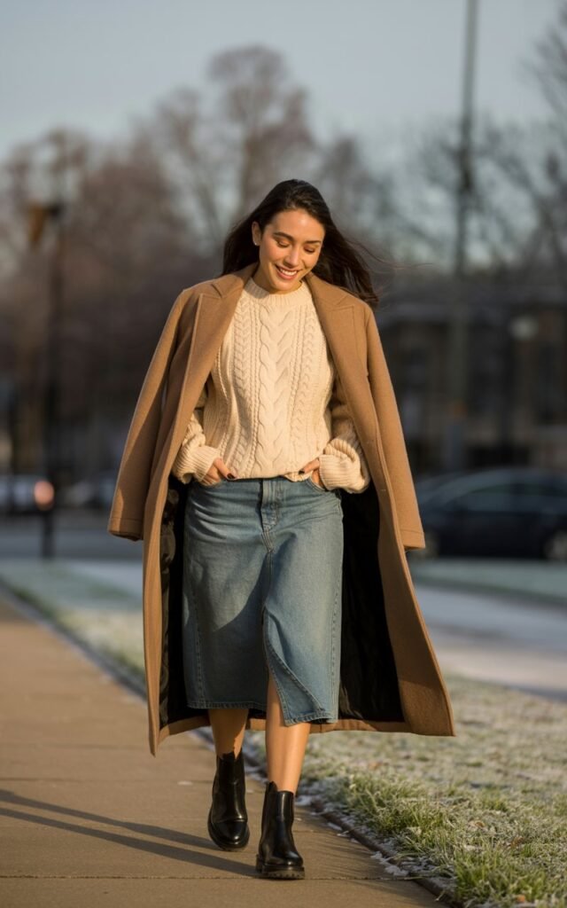A natural-looking young woman wearing a casual denim skirt outfit styled with classic Chelsea boots. Theme jean skirt outfits winter