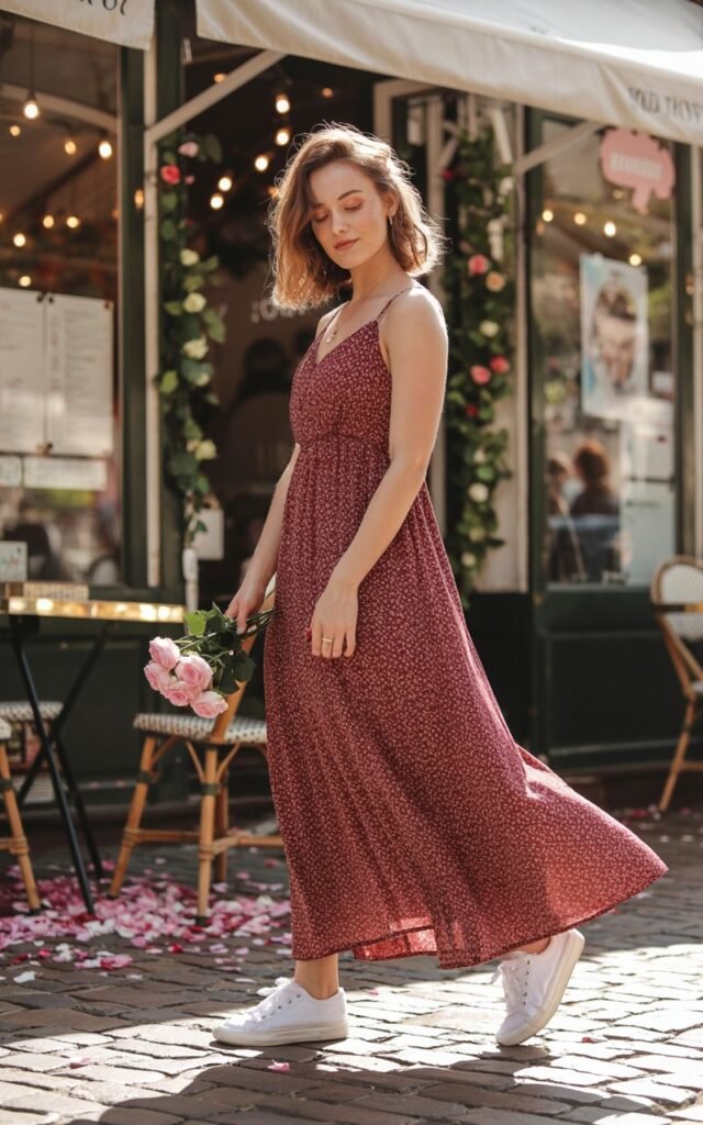 A natural-looking young woman wearing a casual maxi dress styled with sneakers or ballet flats. Theme valentines day outfits