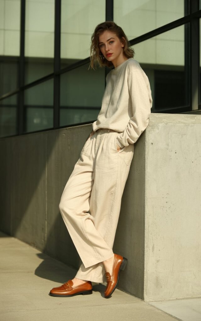 A natural-looking young woman wearing a casual outfit finished with polished leather loafers. Theme stylish outfits