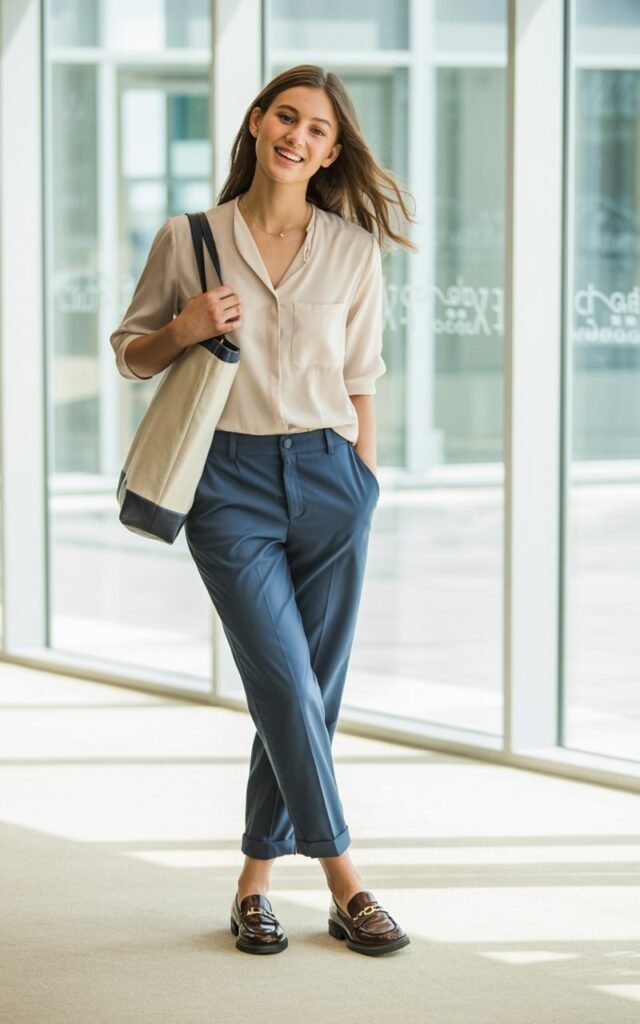 A natural-looking young woman wearing a casual outfit pulled together with loafers or ballet flats. Theme casual work outfits