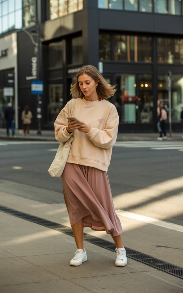 A natural-looking young woman wearing a casual sweatshirt paired with a feminine skirt and comfortable shoes. Theme downtown outfits