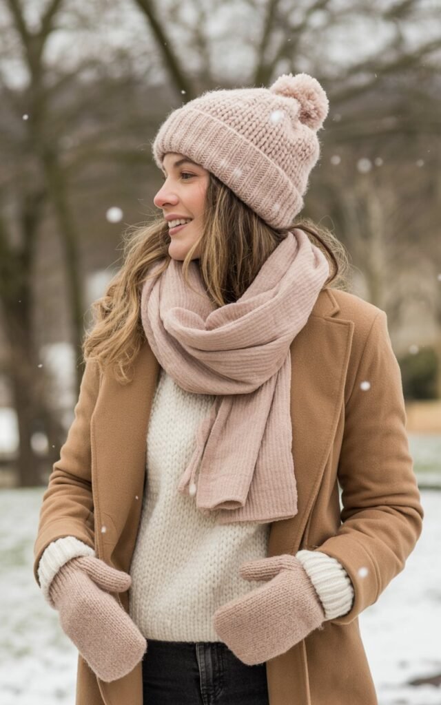 A natural-looking young woman wearing a casual winter outfit finished with a beanie, scarf, and comfy outerwear. Theme cute casual winter outfits