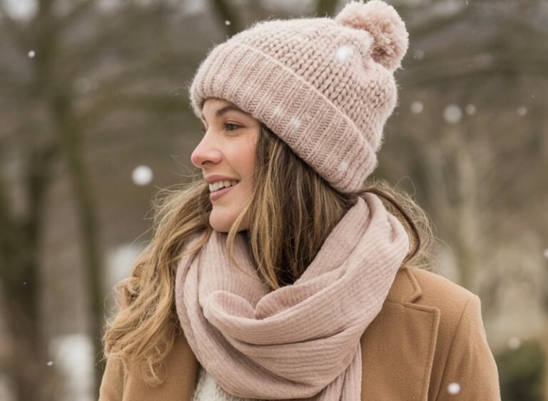 A natural-looking young woman wearing a casual winter outfit finished with a beanie, scarf, and comfy outerwear. Theme cute casual winter outfits