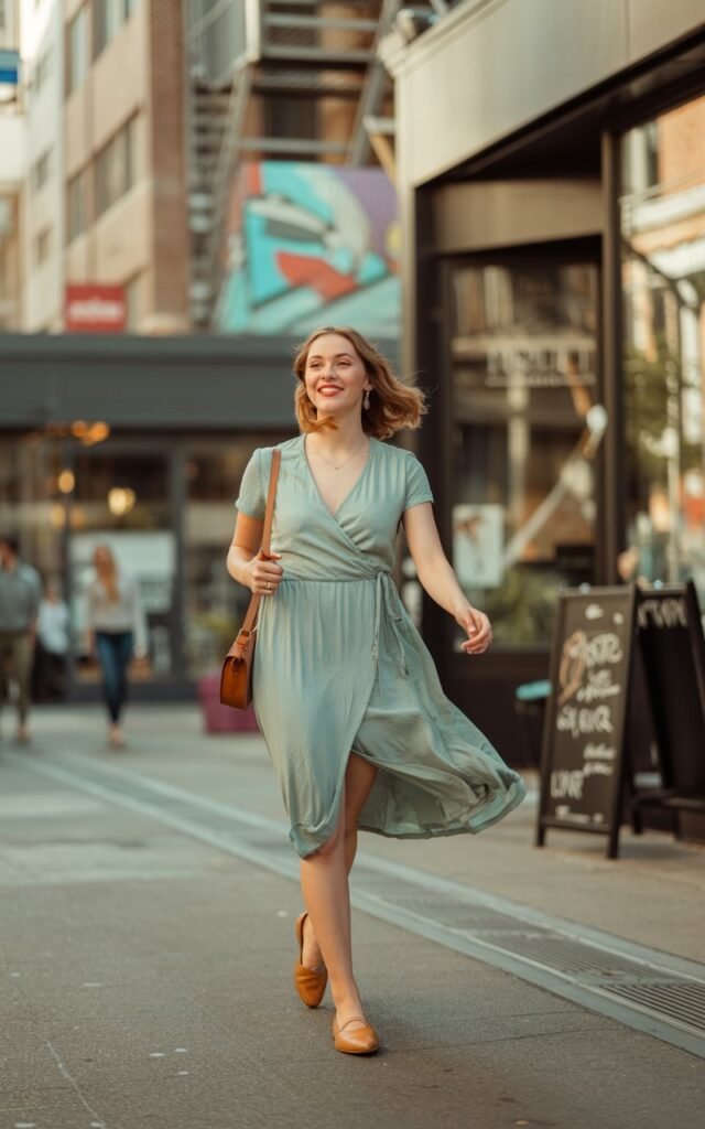 A natural-looking young woman wearing a casual wrap dress paired with flat shoes and a relaxed downtown vibe. Theme downtown outfits