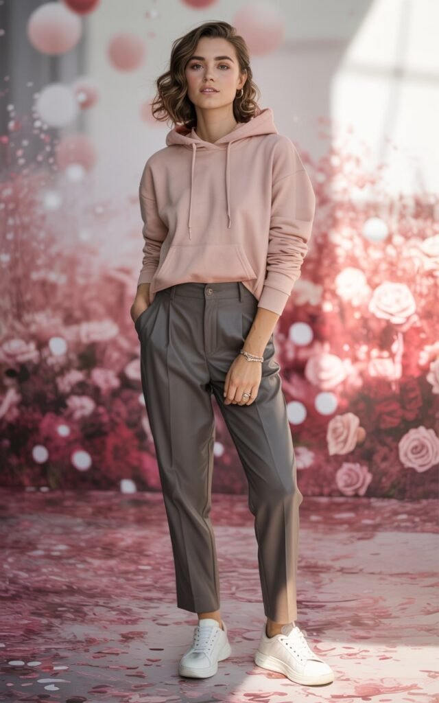 A natural-looking young woman wearing a chic hoodie styled with tailored trousers. Theme valentines day outfits