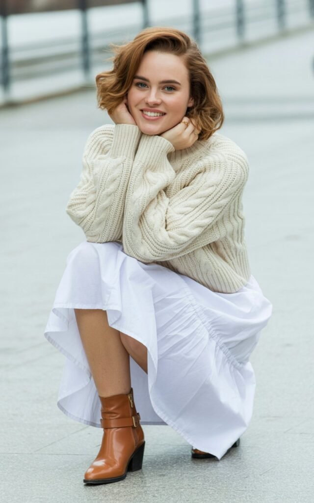 A natural-looking young woman wearing a chunky knit sweater paired with a white midi skirt and ankle boots. Theme white skirt outfit winter
