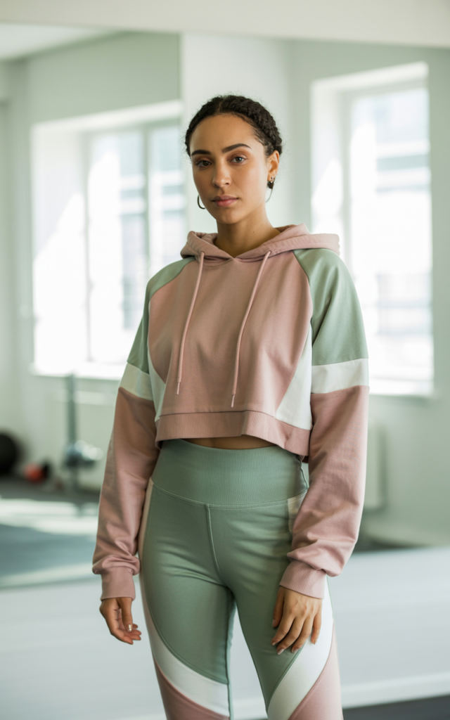 A natural-looking young woman wearing a color-blocked tracksuit. Theme gym outfits for women
