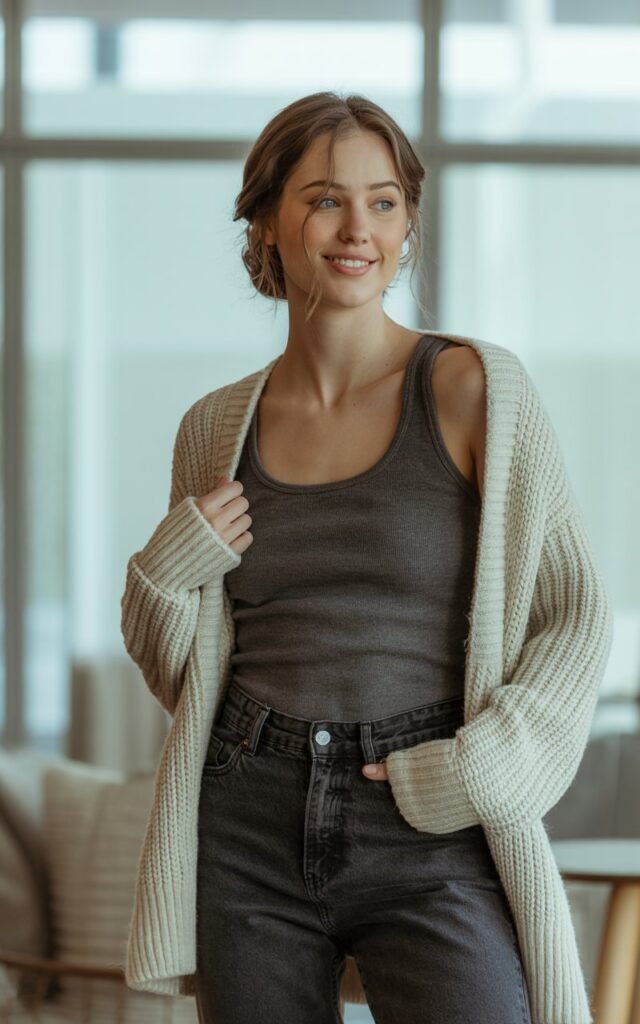 A natural-looking young woman wearing a cozy cardigan layered over a sleek tank and jeans. Theme stylish outfits