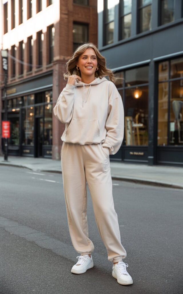 A natural-looking young woman wearing a cozy matching lounge set styled with clean sneakers. Theme downtown outfits