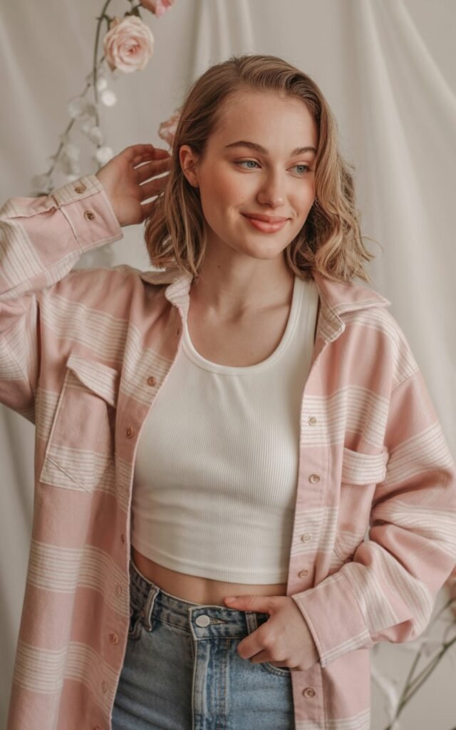 A natural-looking young woman wearing a cozy shacket layered over a simple base outfit. Theme valentines day outfits