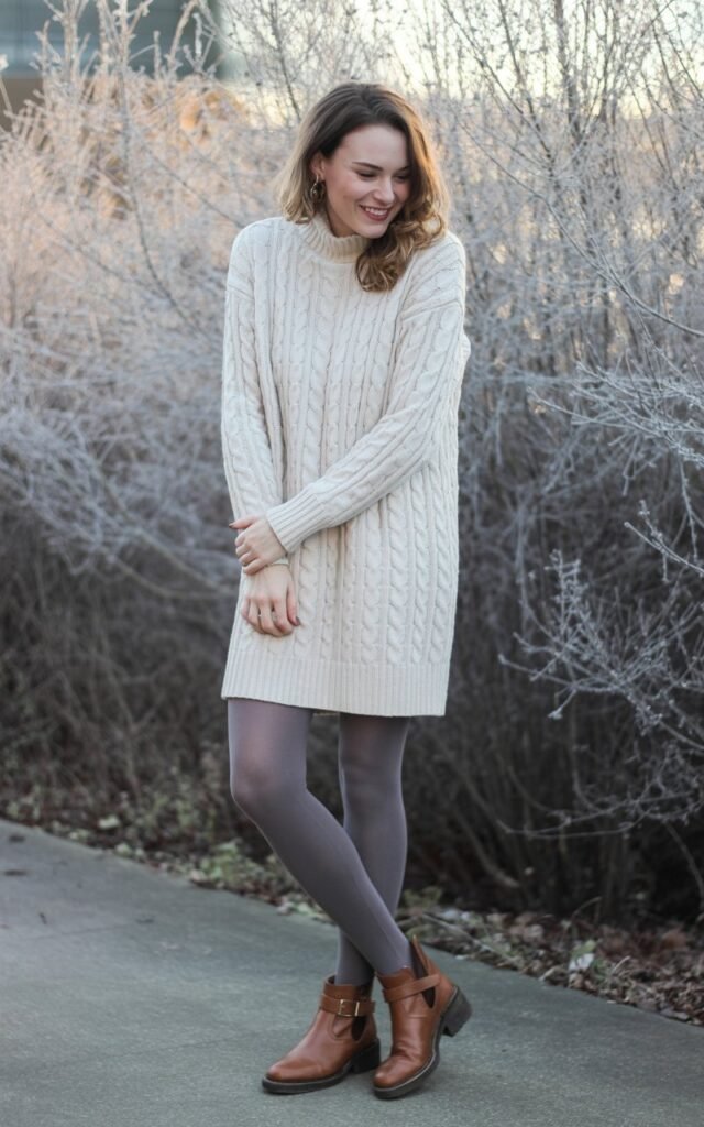 A natural-looking young woman wearing a cozy sweater dress paired with tights and casual ankle boots. Theme cute casual winter outfits