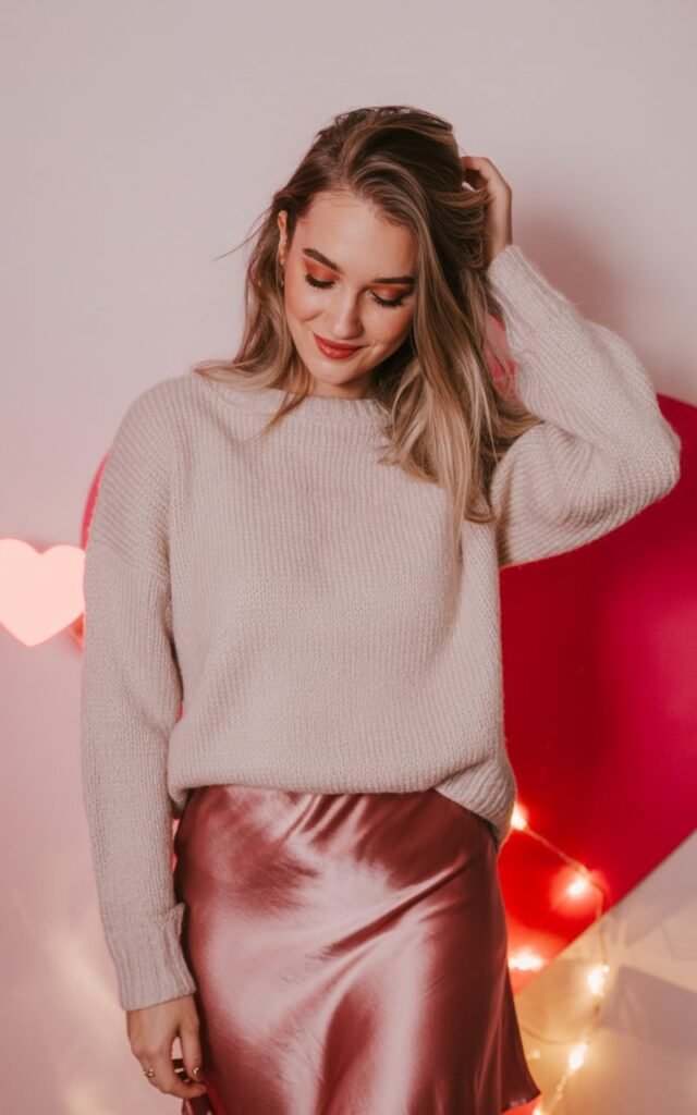 A natural-looking young woman wearing a cozy sweater paired with a satin slip skirt. Theme valentines day outfits