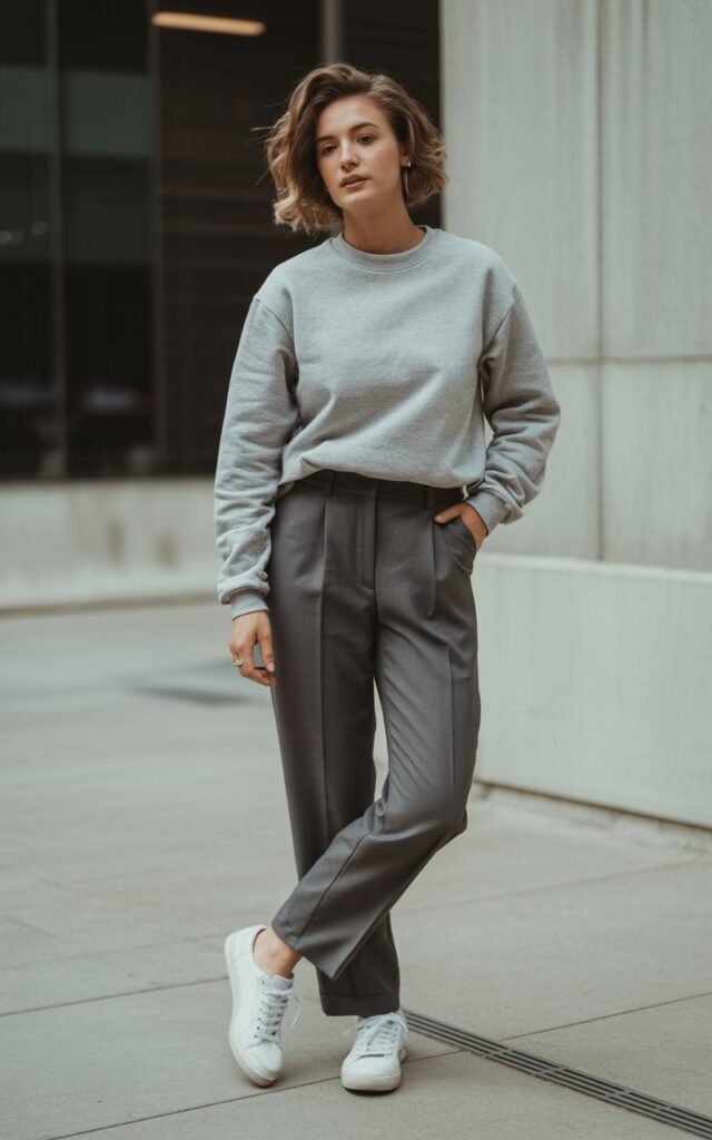 A natural-looking young woman wearing a crewneck sweatshirt paired with tailored trousers and casual sneakers. Theme chill outfits