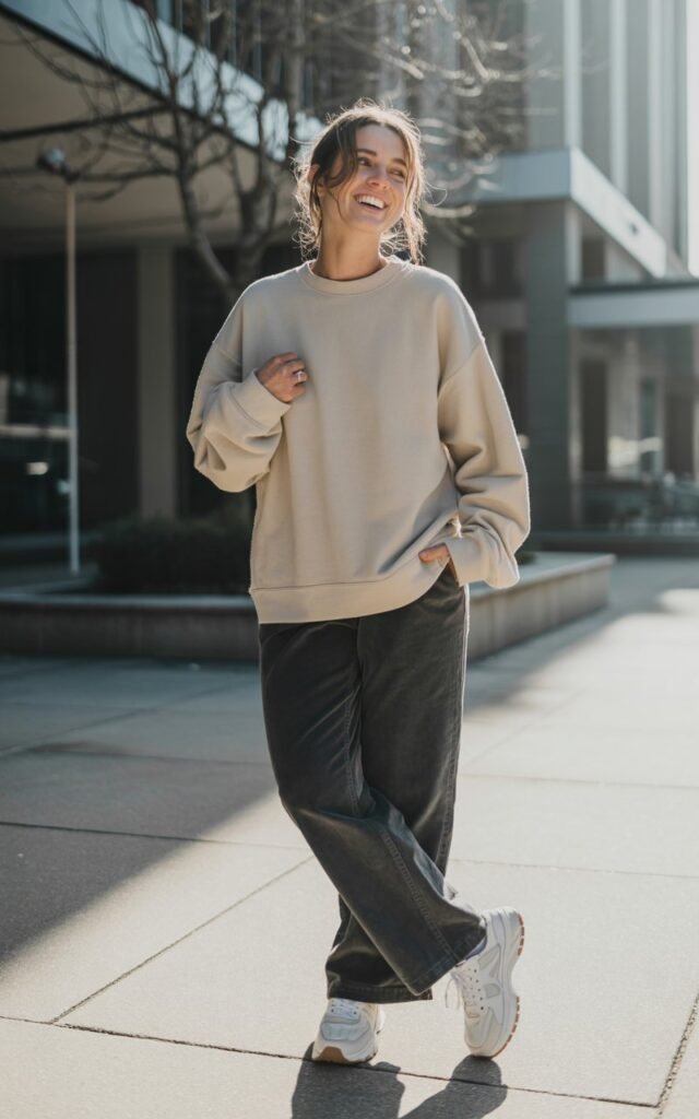 A natural-looking young woman wearing a crewneck sweatshirt styled with wide-leg pants and sneakers. Theme cute casual winter outfits