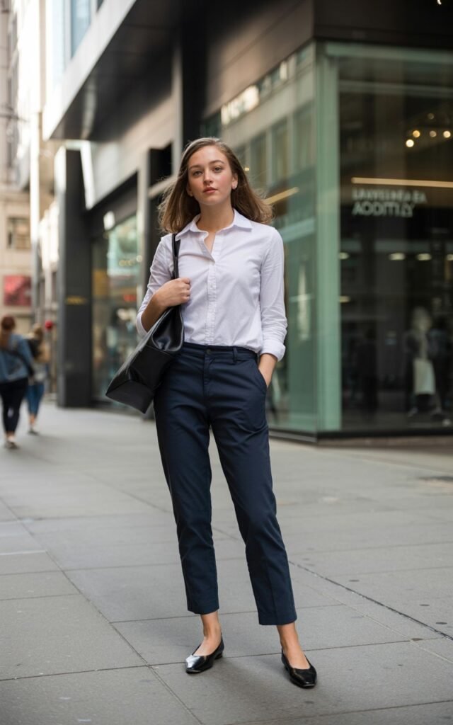 A natural-looking young woman wearing a crisp button-down shirt with straight-leg pants and comfortable flats. Theme downtown outfits