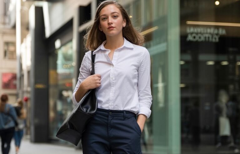A natural-looking young woman wearing a crisp button-down shirt with straight-leg pants and comfortable flats. Theme downtown outfits