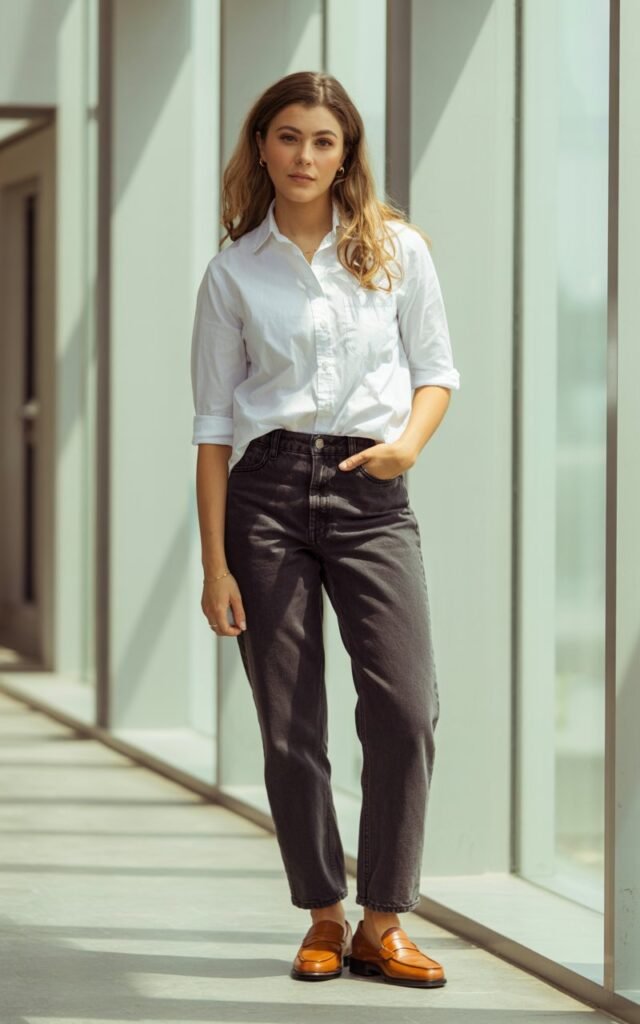 A natural-looking young woman wearing a crisp white button-down shirt paired with straight-leg jeans and loafers. Theme casual work outfits