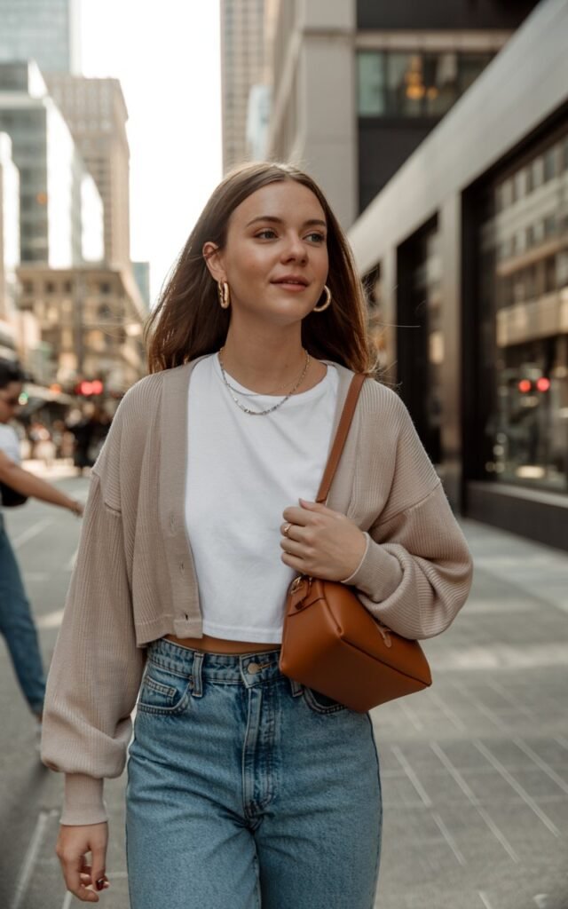 A natural-looking young woman wearing a cropped cardigan styled with high-waisted denim jeans and minimalist accessories. Theme downtown outfits
