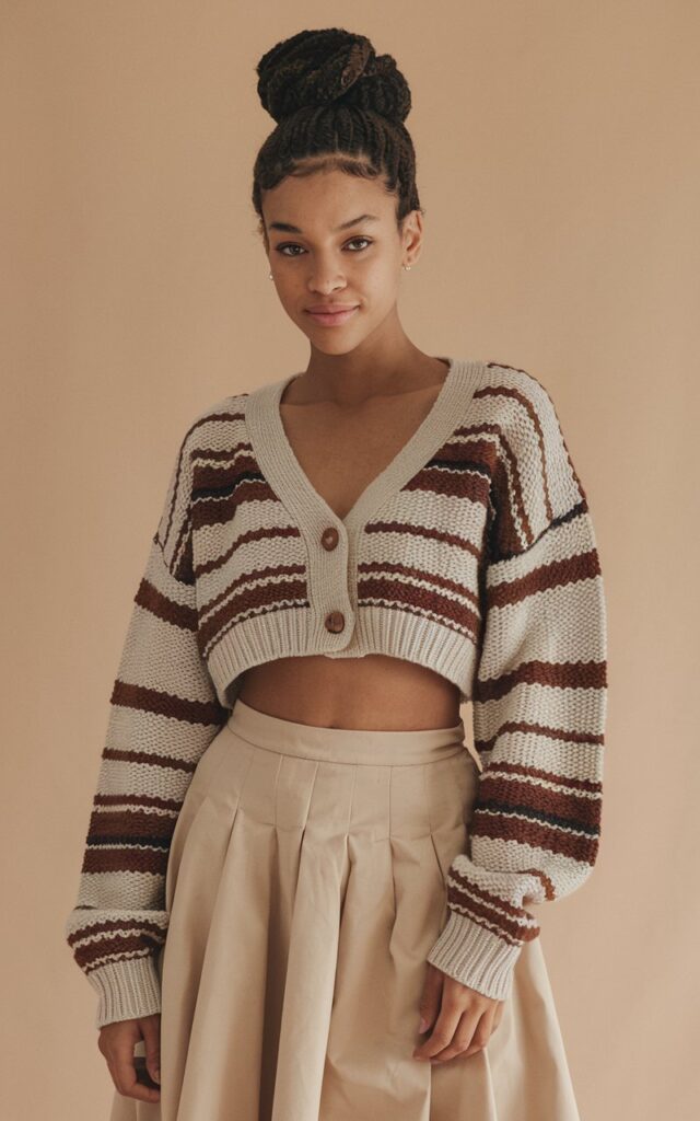 A natural-looking young woman wearing a cropped cardigan with a midi skirt. Theme 80s outfits
