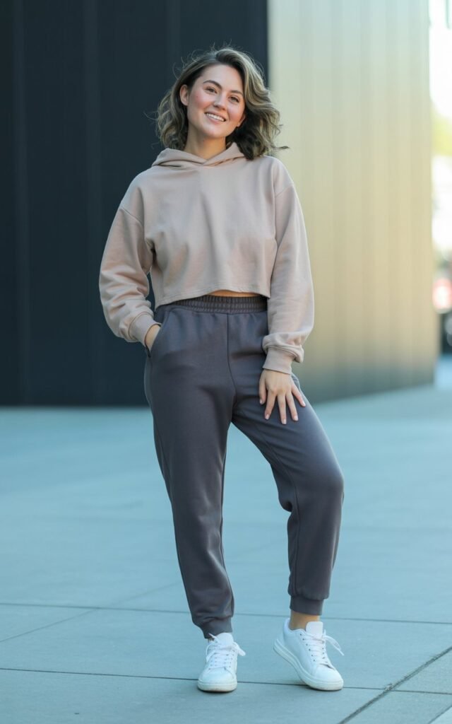 A natural-looking young woman wearing a cropped hoodie layered over high-waisted joggers with clean sneakers. Theme chill outfits