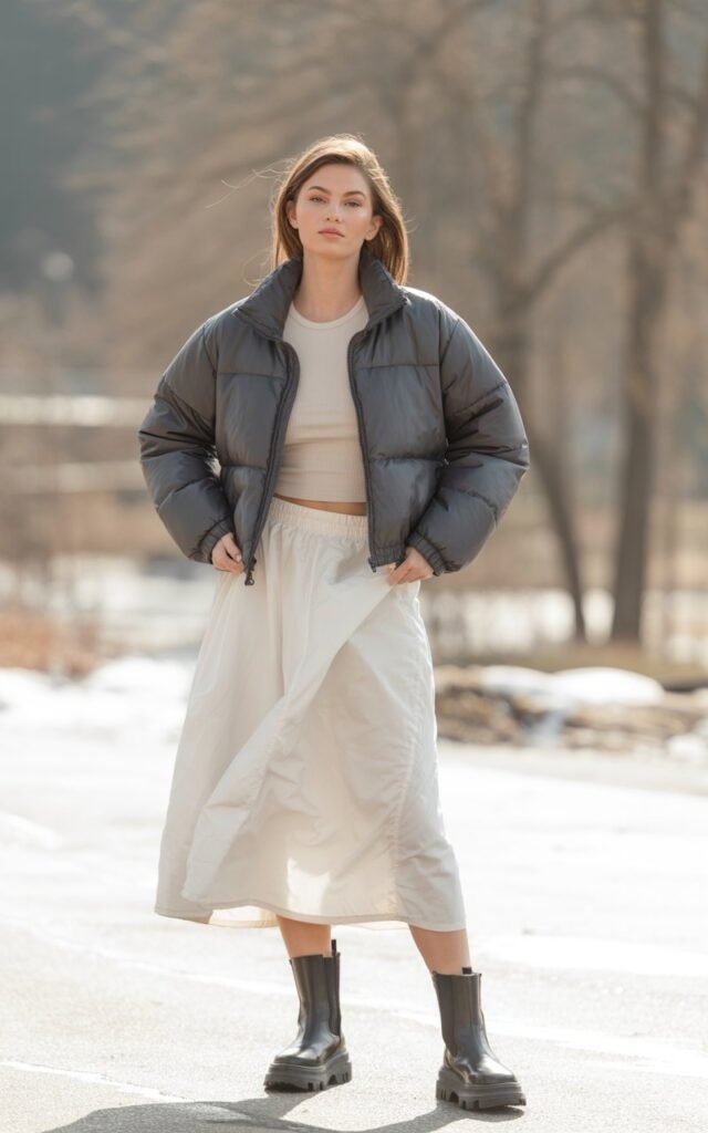 A natural-looking young woman wearing a cropped puffer jacket over a thermal top paired with a white skirt and chunky boots. Theme white skirt outfit winter