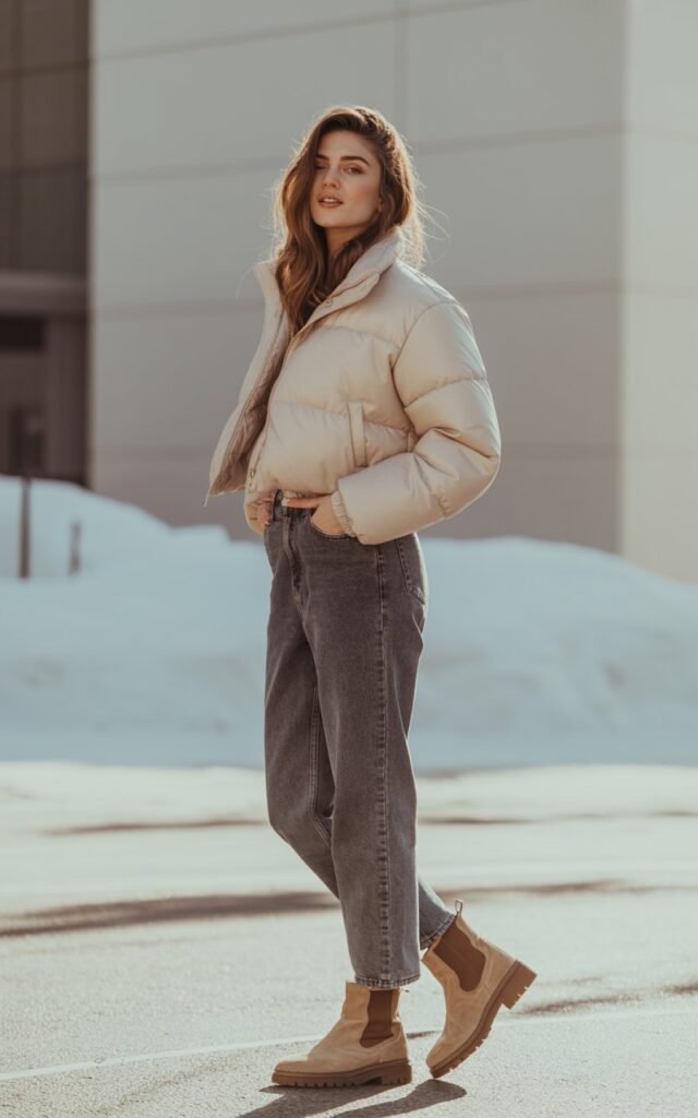 A natural-looking young woman wearing a cropped puffer jacket with high-waisted jeans and casual winter shoes. Theme winter outfits aesthetic